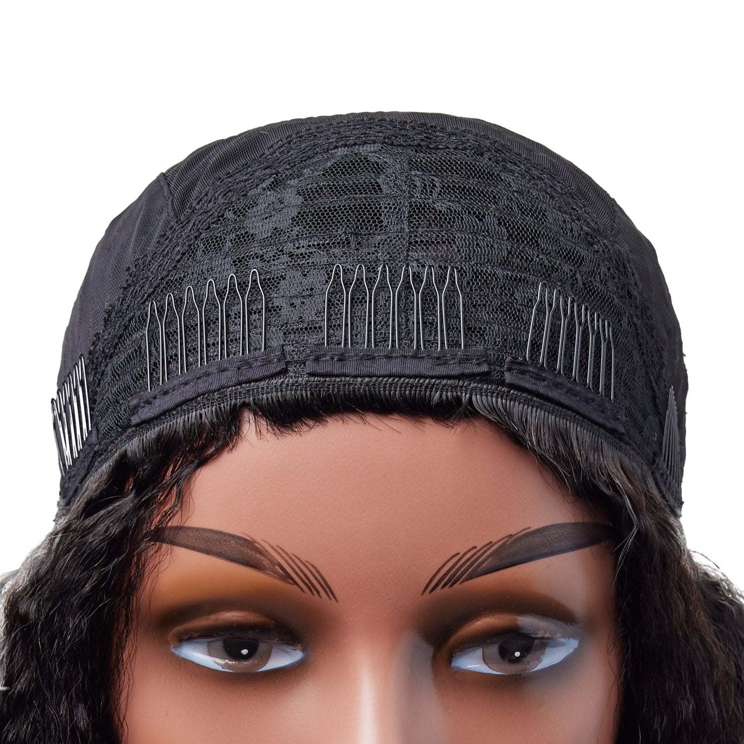 Black lace wig cap on a mannequin head with makeup