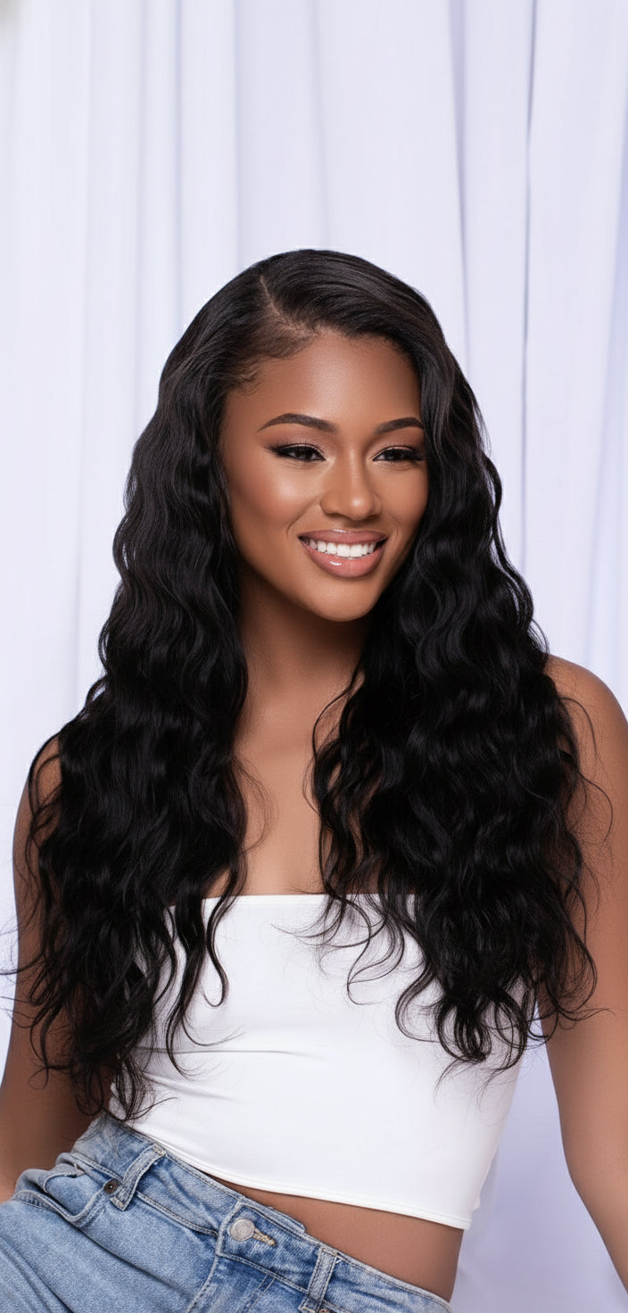 Smiling woman wearing Go Sleek Burmese Body Wave bundle in its natural wavy texture, styled with a side part and soft, flowing curls, paired with a white crop top and denim jeans.