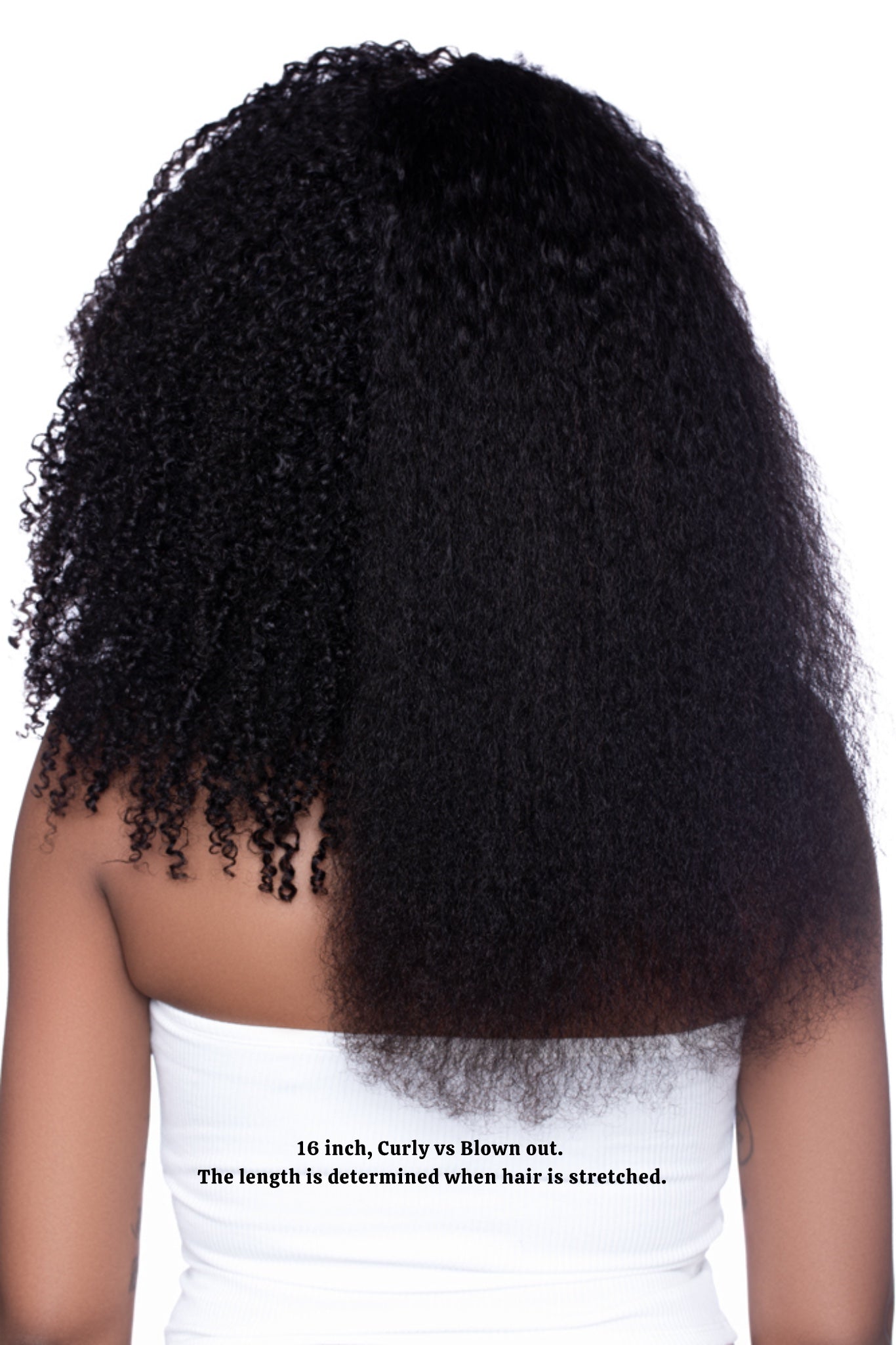 16-inch ‘Kai’ Kinky Curly Half Wig. On the left, the wig is styled in its natural curly texture, featuring tight, voluminous curls with a rounded shape and soft shine. On the right, the same wig is shown blown out, revealing a more stretched texture with soft volume