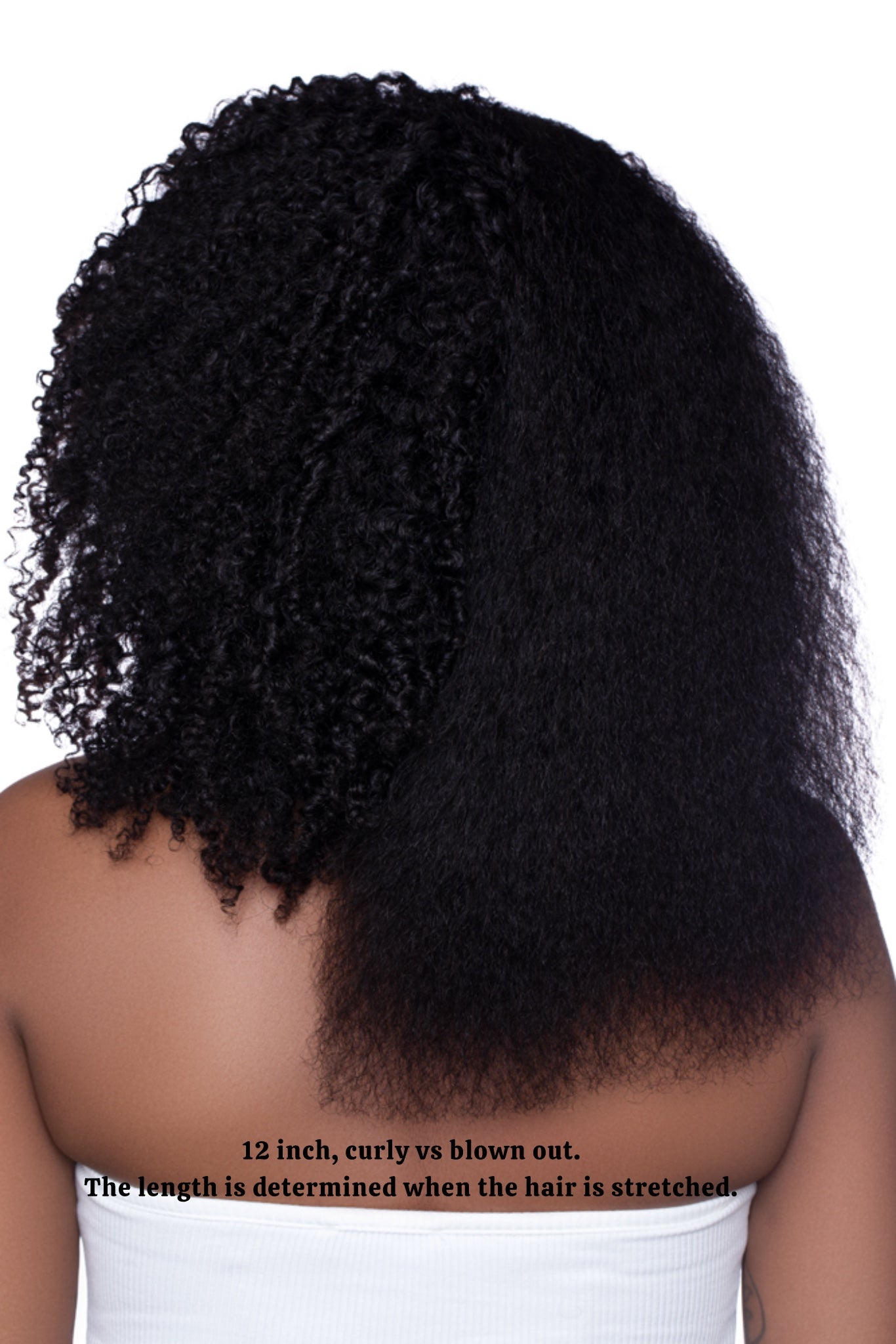 Model showcasing the 12-inch ‘Kai’ Kinky Curly Half Wig after being lightly blown out. The texture appears more stretched with a soft afro-blowout look, giving the hair added volume and shape.