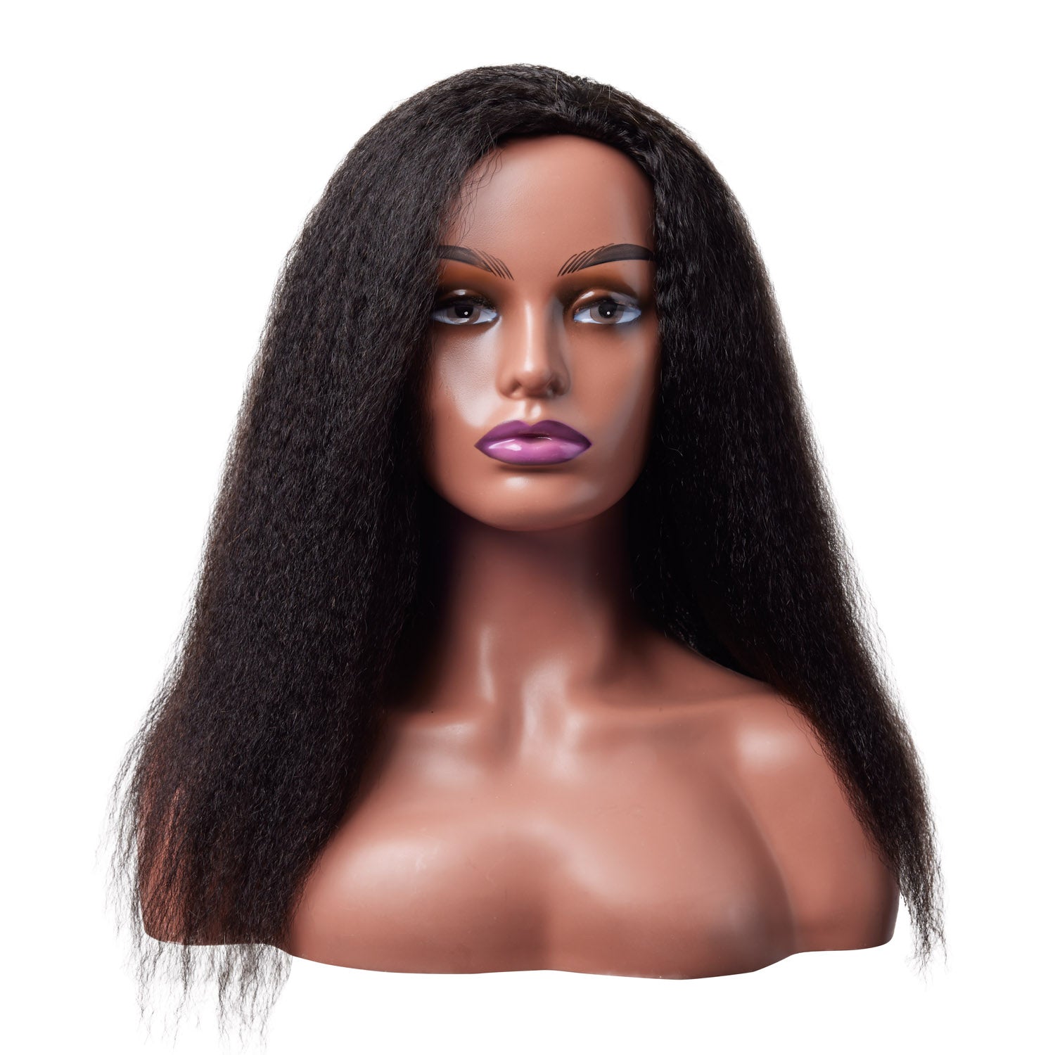 Mannequin head with straight long black wig on a white background