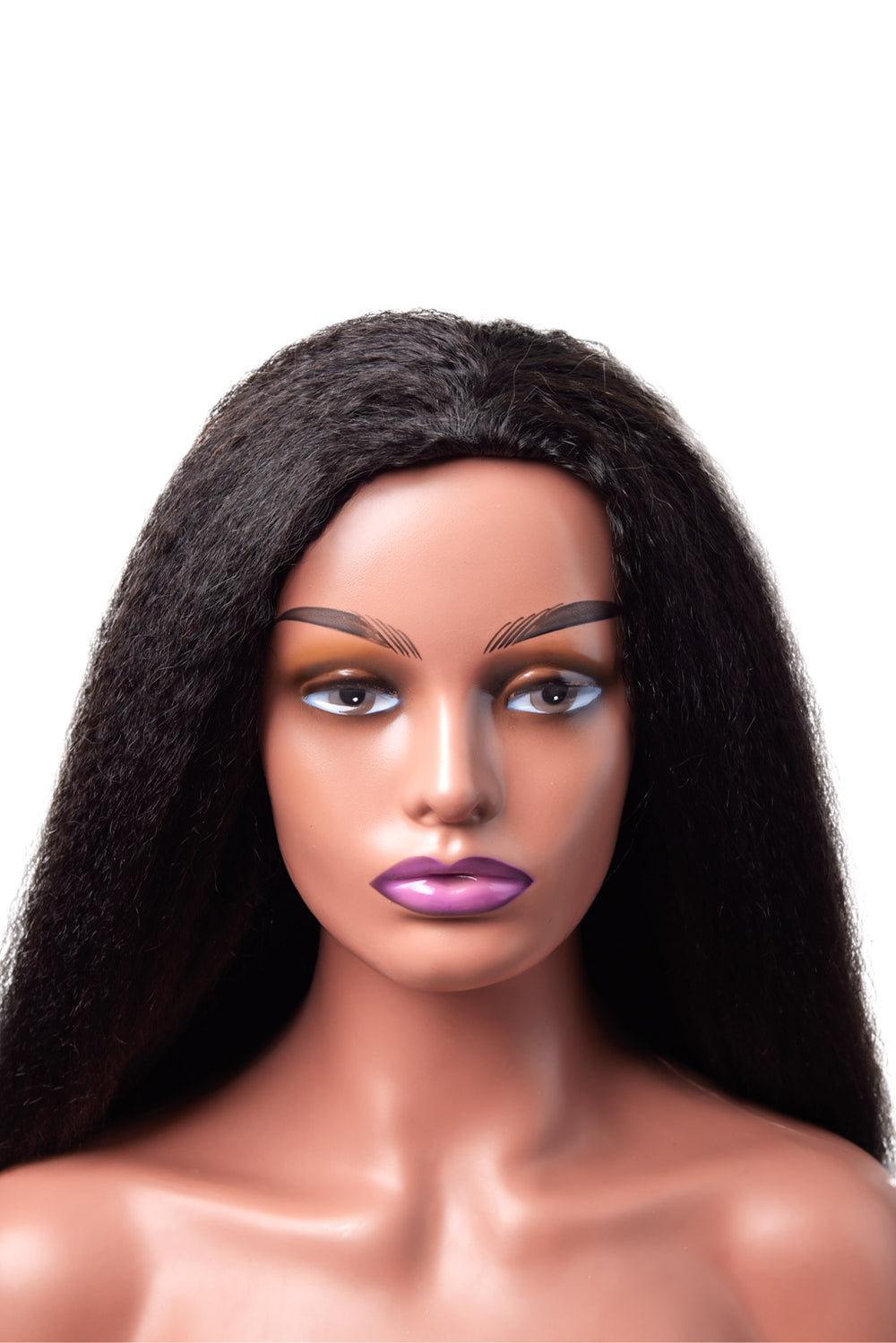 Mannequin head with long black wig on a white background