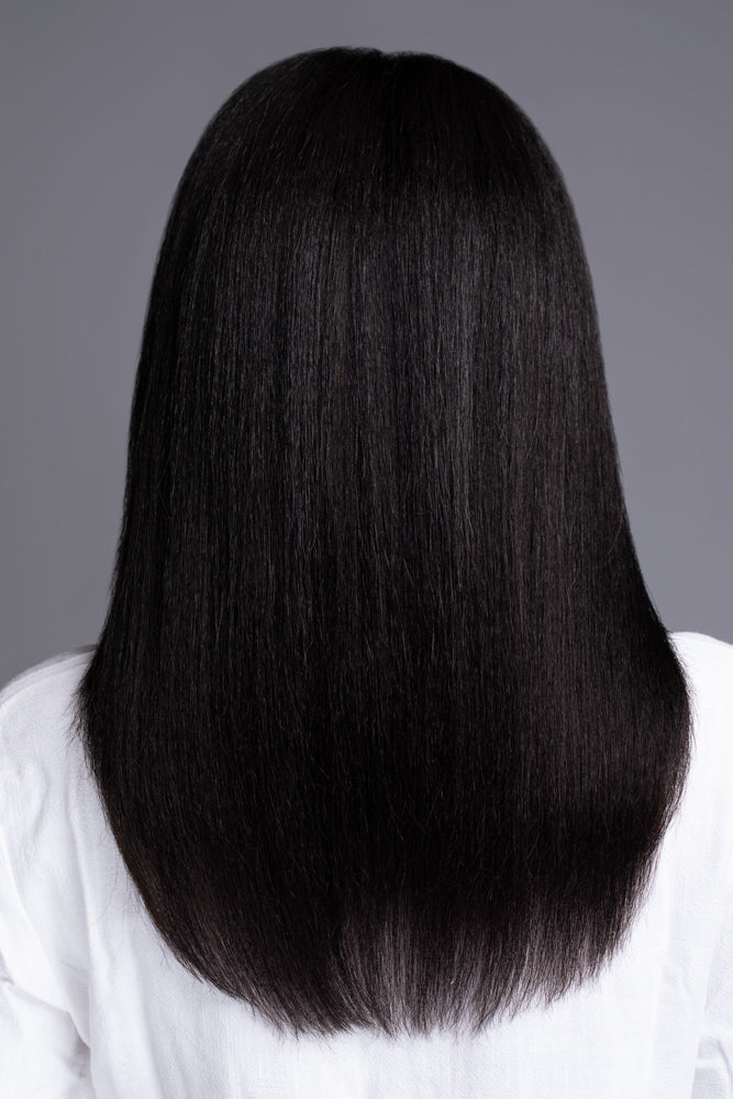 Close-up of kinky straight virgin human hair texture on U-part wig for natural blending