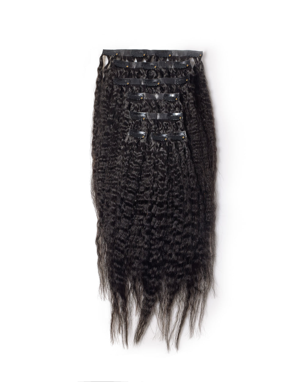 Top view flat lay of Go Sleek’s Seamless Kinky Straight Clip-Ins, Each piece features a natural kinky straight texture and seamless, flat bases designed for undetectable blending.